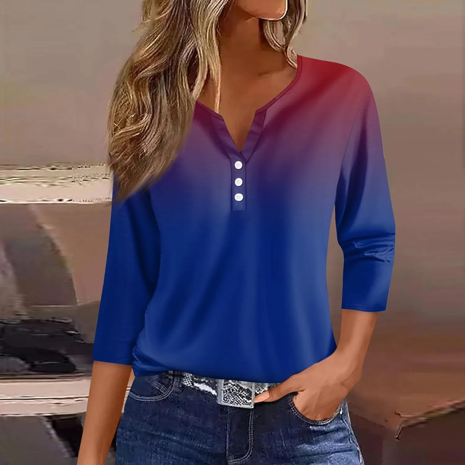Summer Blouses for Women 2024 V Neck Button Tops Sports Fan Striped Print Shirts Trendy Relaxed Fit Blouses