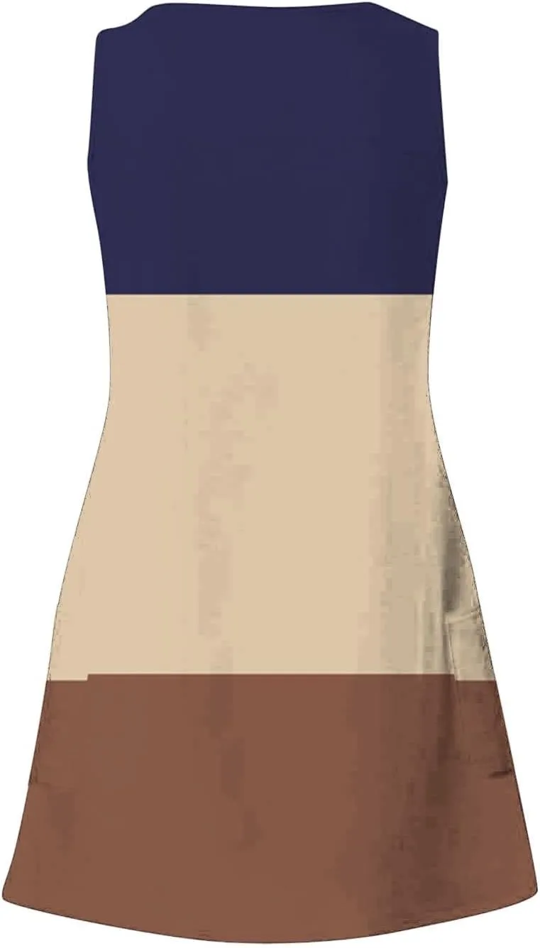 Summer Dresses for Women Color Blocked Sleeveless Casual Dress Ladies Curve Hem V-Neck Sundress with Pockets