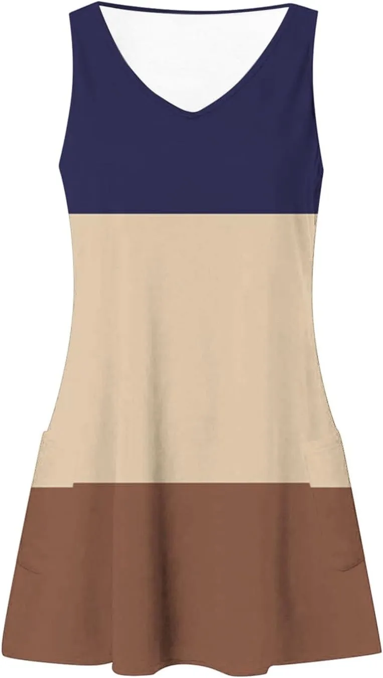 Summer Dresses for Women Color Blocked Sleeveless Casual Dress Ladies Curve Hem V-Neck Sundress with Pockets