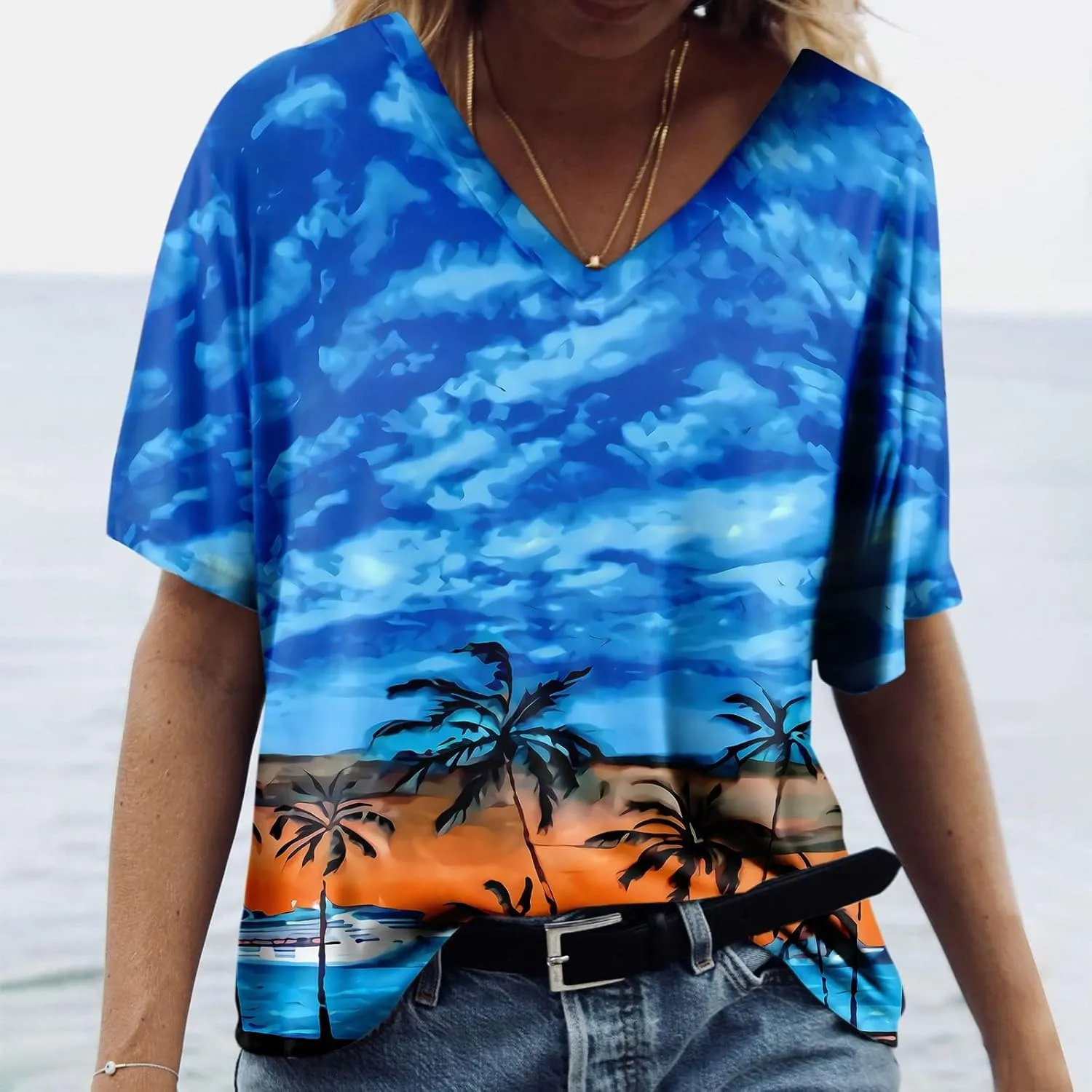 Summer Tops for Women 2024 Short Sleeve Tropical Print V Neck Hawaiian Shirt Holiday Novelty Partys Oversized Tshirts