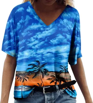 Summer Tops for Women 2024 Short Sleeve Tropical Print V Neck Hawaiian Shirt Holiday Novelty Partys Oversized Tshirts