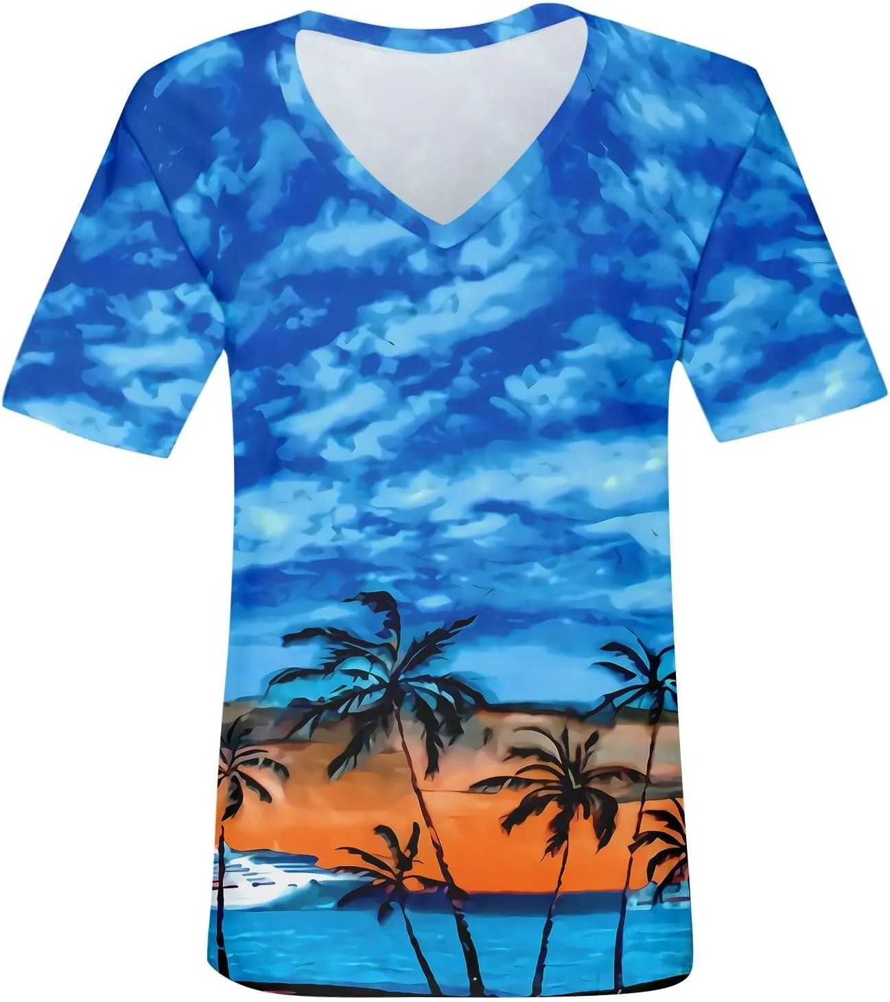 Summer Tops for Women 2024 Short Sleeve Tropical Print V Neck Hawaiian Shirt Holiday Novelty Partys Oversized Tshirts
