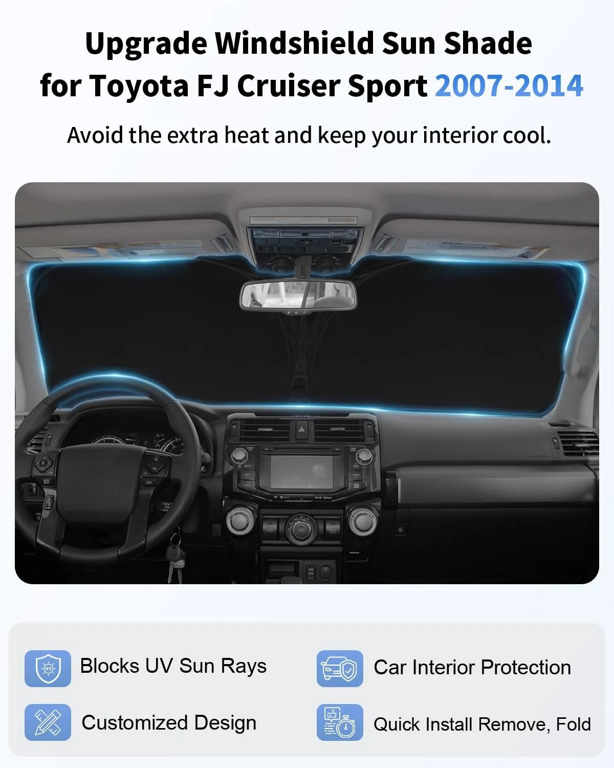 Sunshade for FJ Cruiser Sport Windshield Sun Shade Custom Fit 2007-2013 2014 Toyota FJ Cruiser Sport Utility Accessories Windshield Cover 4-Layer Front Window Sun Visor Retractable Shield Block UV Ray