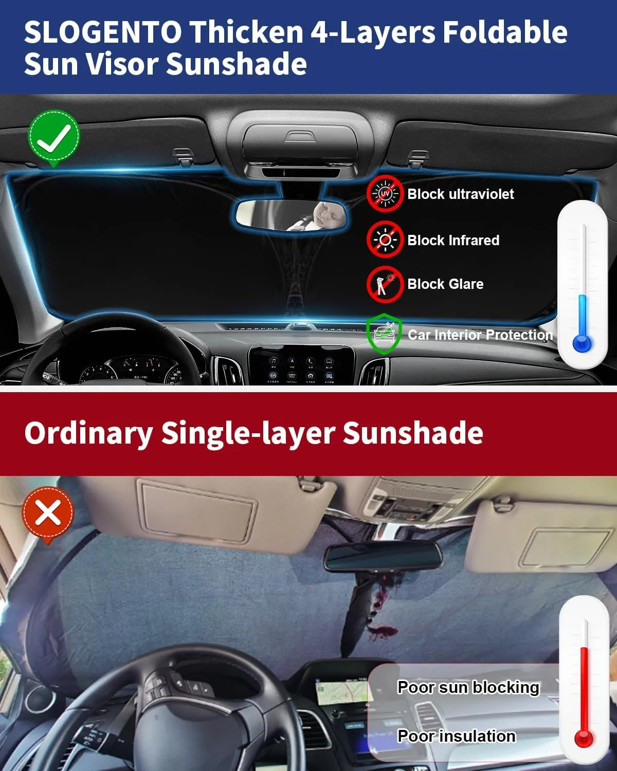 Sunshade for FJ Cruiser Sport Windshield Sun Shade Custom Fit 2007-2013 2014 Toyota FJ Cruiser Sport Utility Accessories Windshield Cover 4-Layer Front Window Sun Visor Retractable Shield Block UV Ray