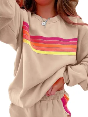 Sweatshirt For Women Loose Body-Covering Casual Suit For Women, Color-Blocked Long-Sleeved Two-Piece Suit