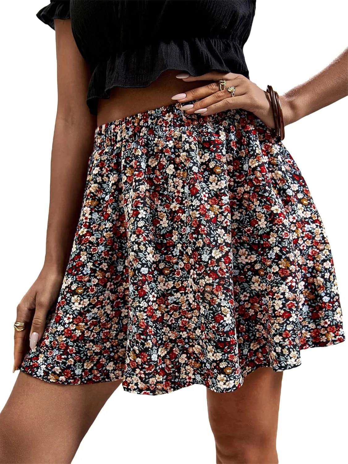 SweatyRocks Women's High Waist Mini Pleated Skater Skirt Flared A-Line Floral Short Skirt