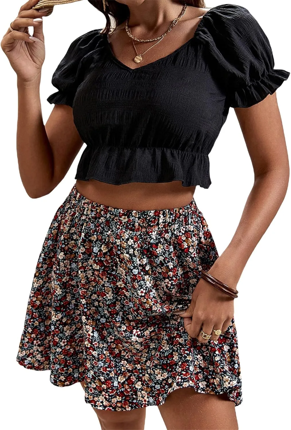 SweatyRocks Women's High Waist Mini Pleated Skater Skirt Flared A-Line Floral Short Skirt