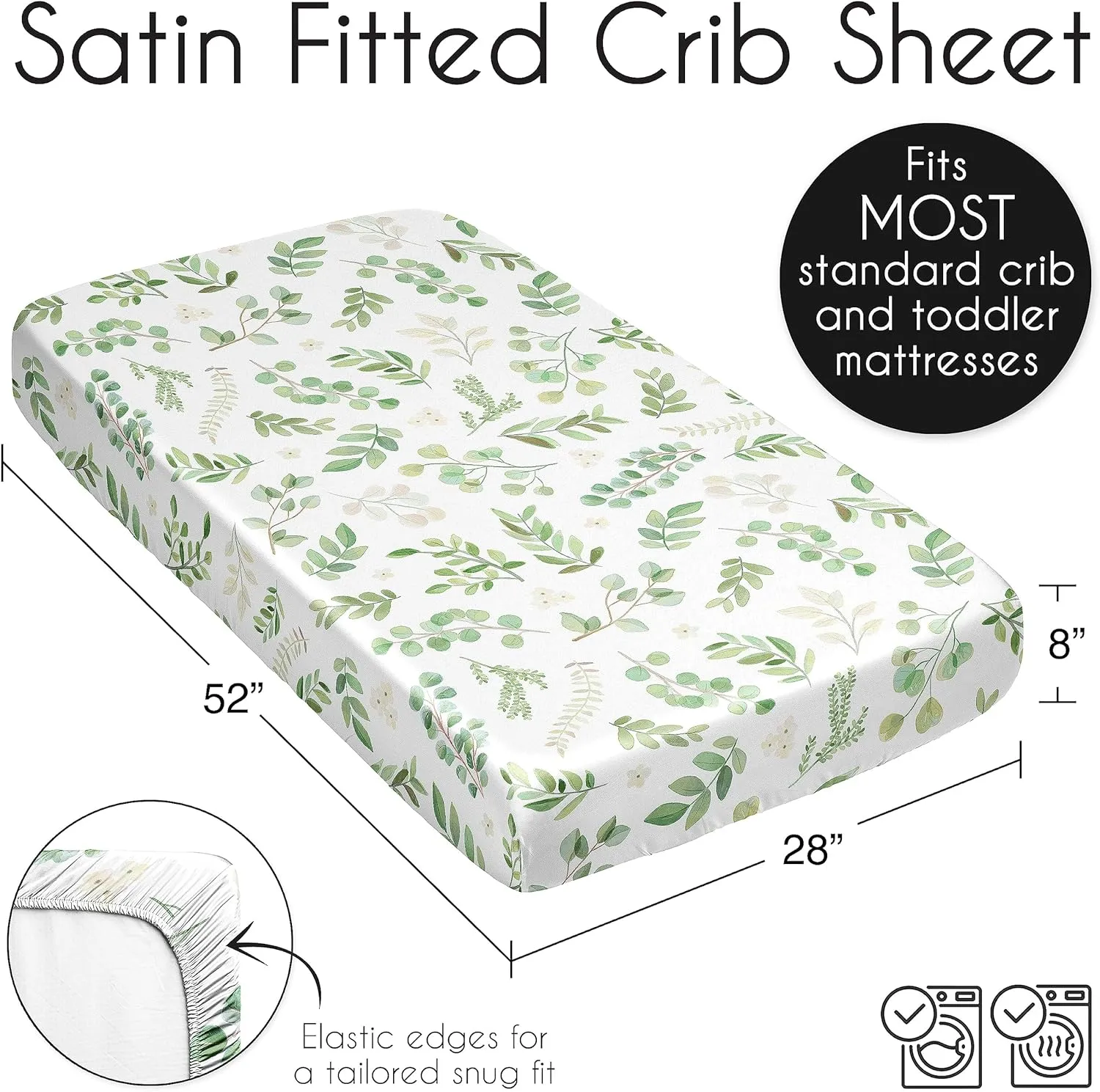 Sweet Jojo Designs Green Boho Floral Leaf Boy Girl Gender Neutral Unisex Baby Satin Fitted Crib Sheet Infant Newborn Nursery Toddler Bed Room Standard Mattress Sage White Bohemian Watercolor Botanical