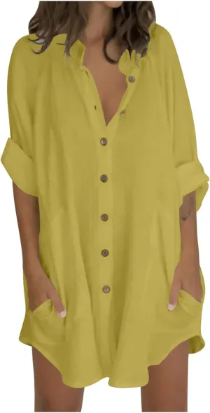 TANGNADE Womens Cotten Linen Blouse Summer Casual 3/4 Sleeve Shirts Loose Fit Oversized Tshirts Tunic Tops with Pockets