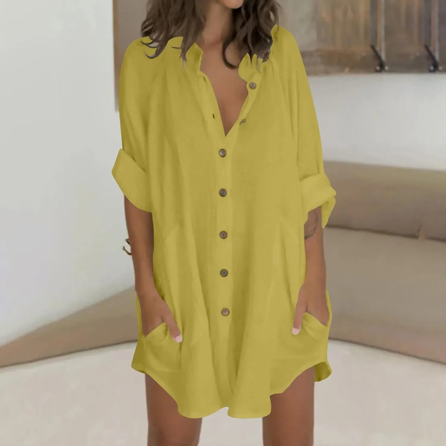 TANGNADE Womens Cotten Linen Blouse Summer Casual 3/4 Sleeve Shirts Loose Fit Oversized Tshirts Tunic Tops with Pockets