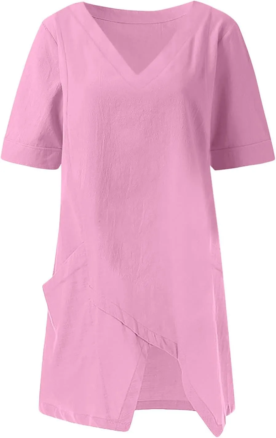 TANGNADE Women's Linen Blouse Tunic Half Short Sleeve Shirt V Neck Tops Irregular Hem Blouse T-Shirts Summer Tunic