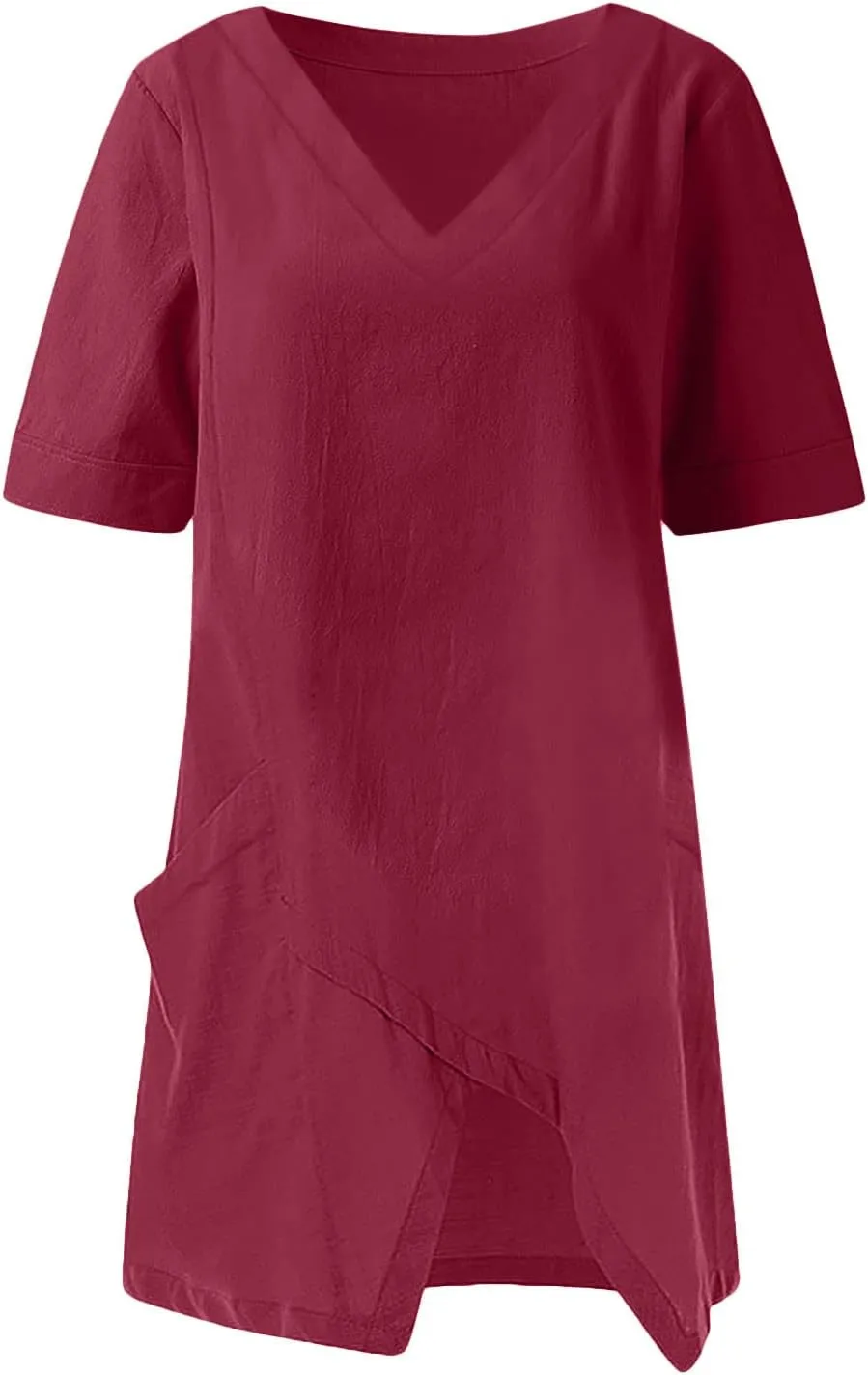 TANGNADE Women's Linen Blouse Tunic Half Short Sleeve Shirt V Neck Tops Irregular Hem Blouse T-Shirts Summer Tunic