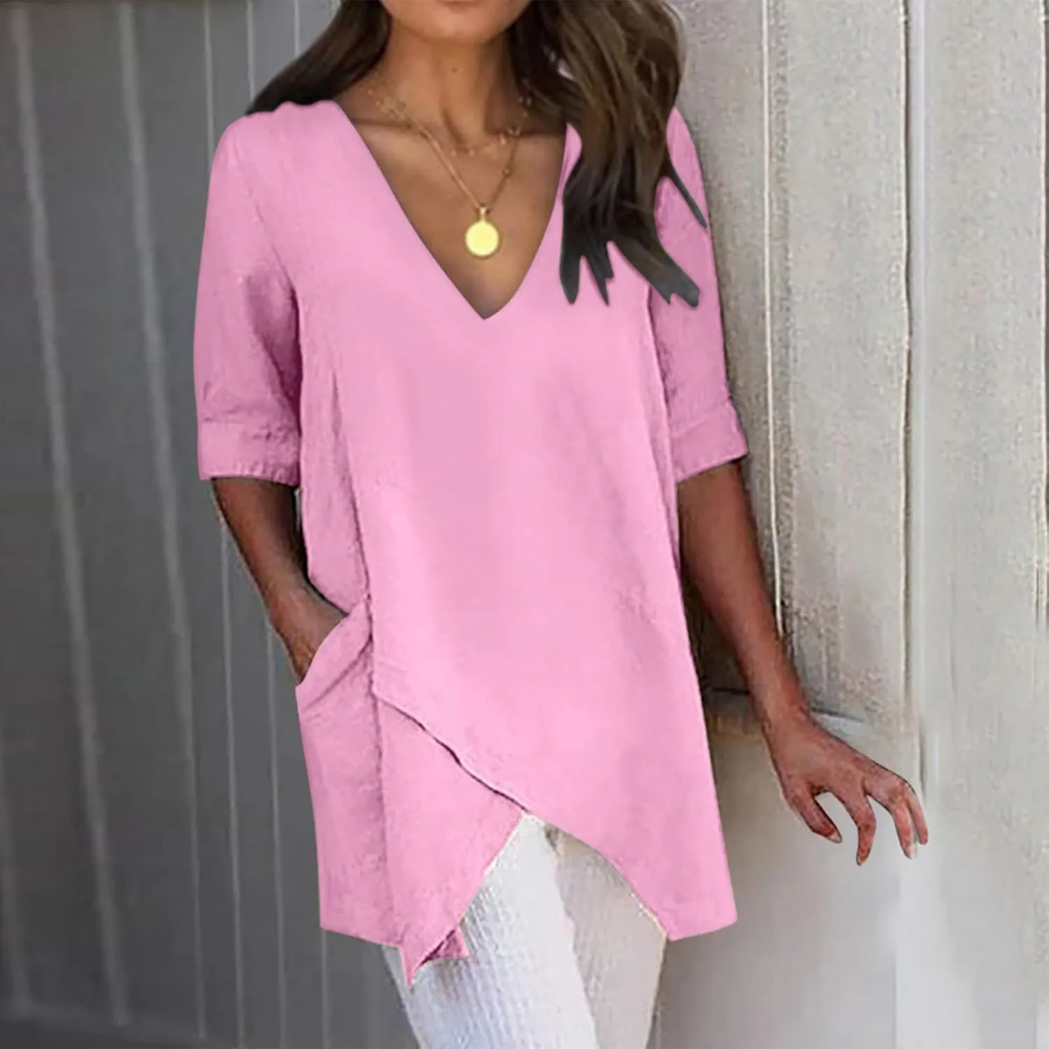 TANGNADE Women's Linen Blouse Tunic Half Short Sleeve Shirt V Neck Tops Irregular Hem Blouse T-Shirts Summer Tunic