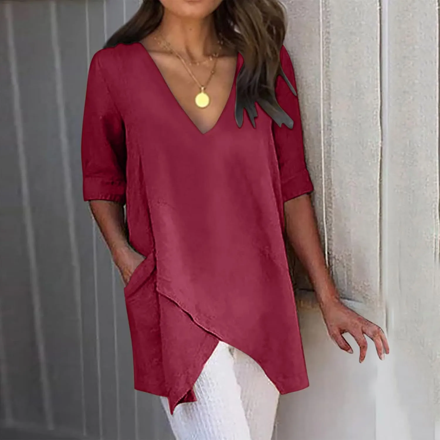 TANGNADE Women's Linen Blouse Tunic Half Short Sleeve Shirt V Neck Tops Irregular Hem Blouse T-Shirts Summer Tunic