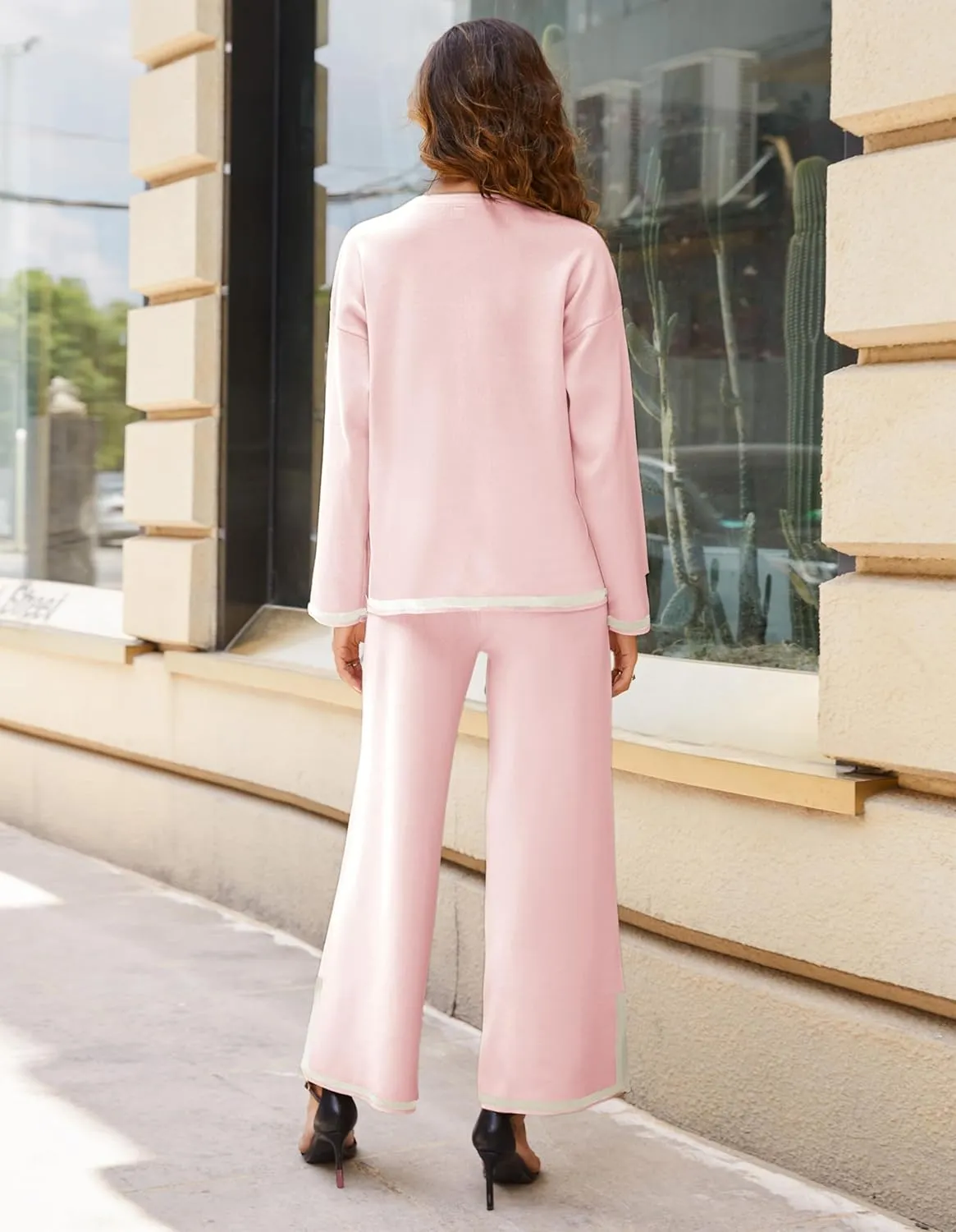 Tanming Women's 2 Piece Outfits Long Sleeve Knit Sweater Top Wide Leg Pants Lounge Sets Tracksuits
