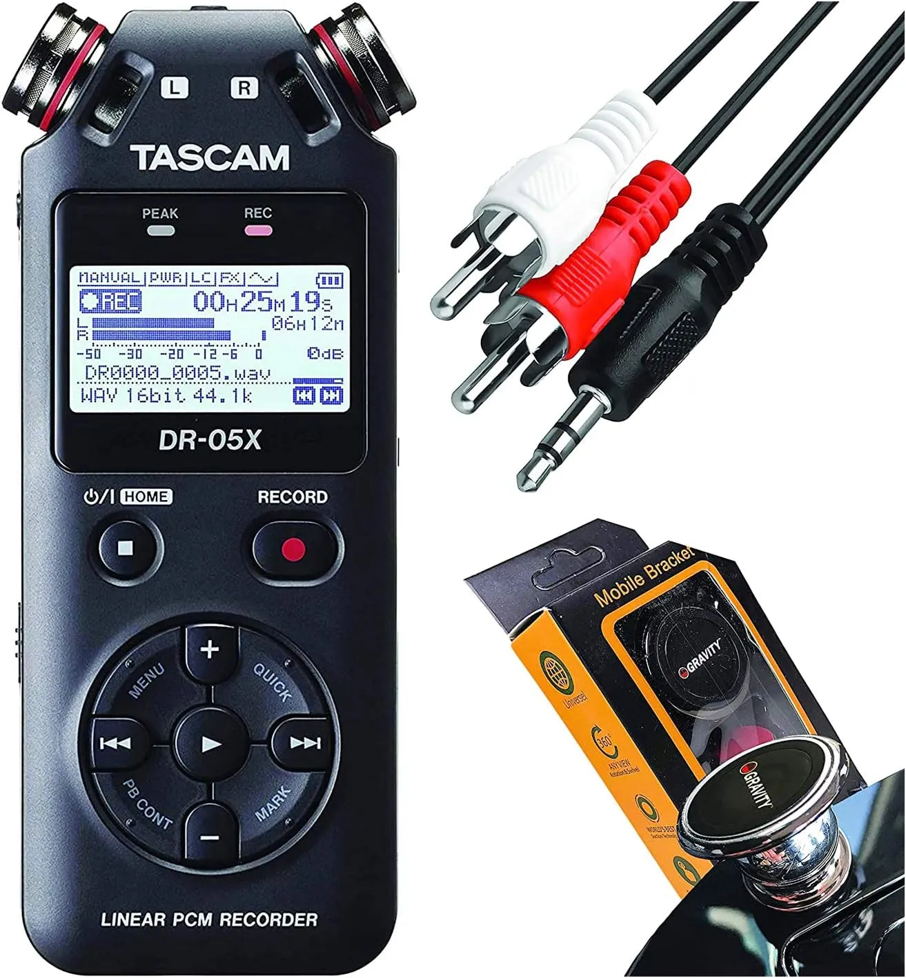 Tascam DR-05X Stereo 2-Channel Handheld Recorder and 2-in/2-out USB Audio Interface with 2 Omnidirectional Condenser Microphones with Gravity Phone Holder and EMB Cable Bundle, A2R M