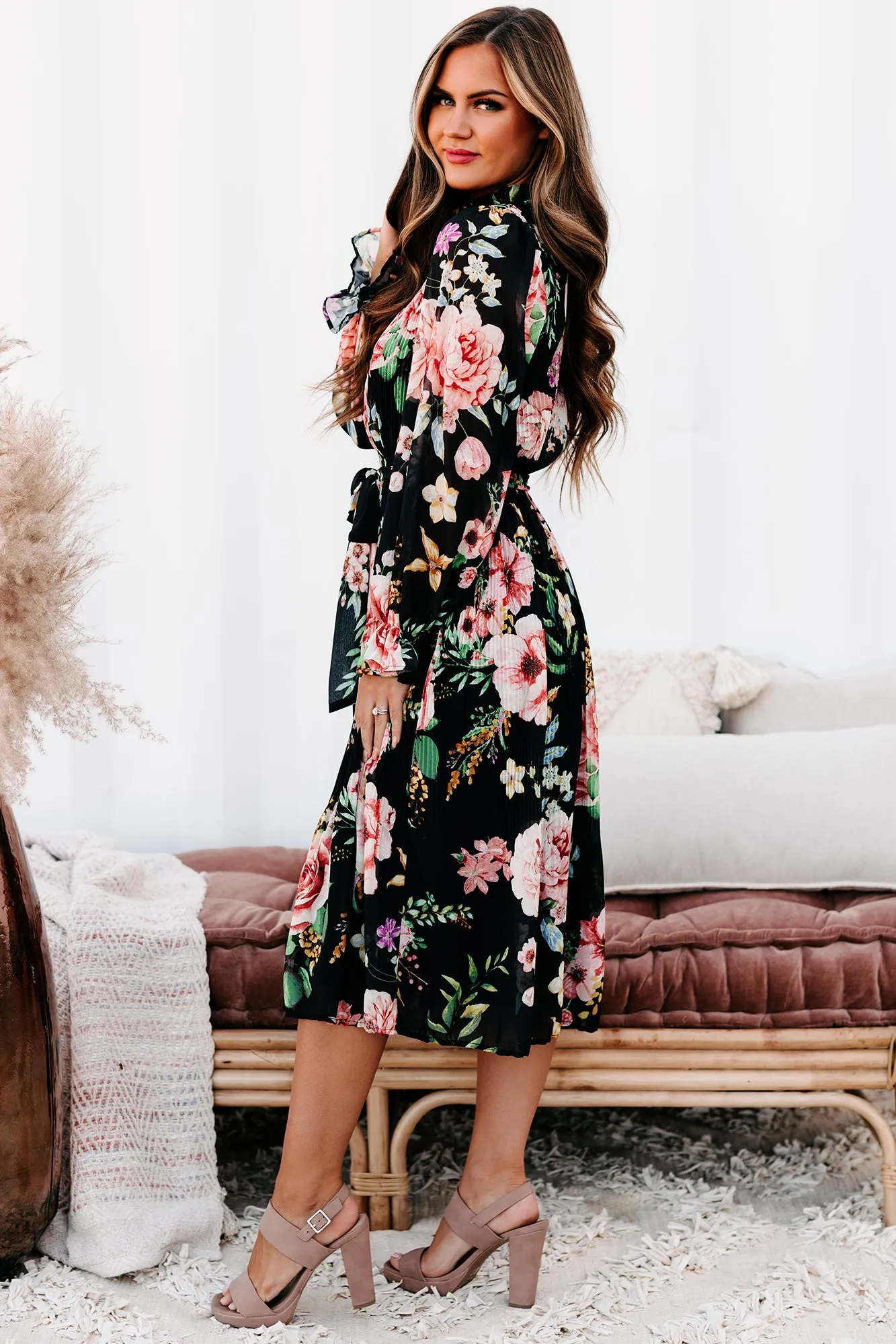 Tea & Crumpets Pleated Floral Midi Dress (Black)