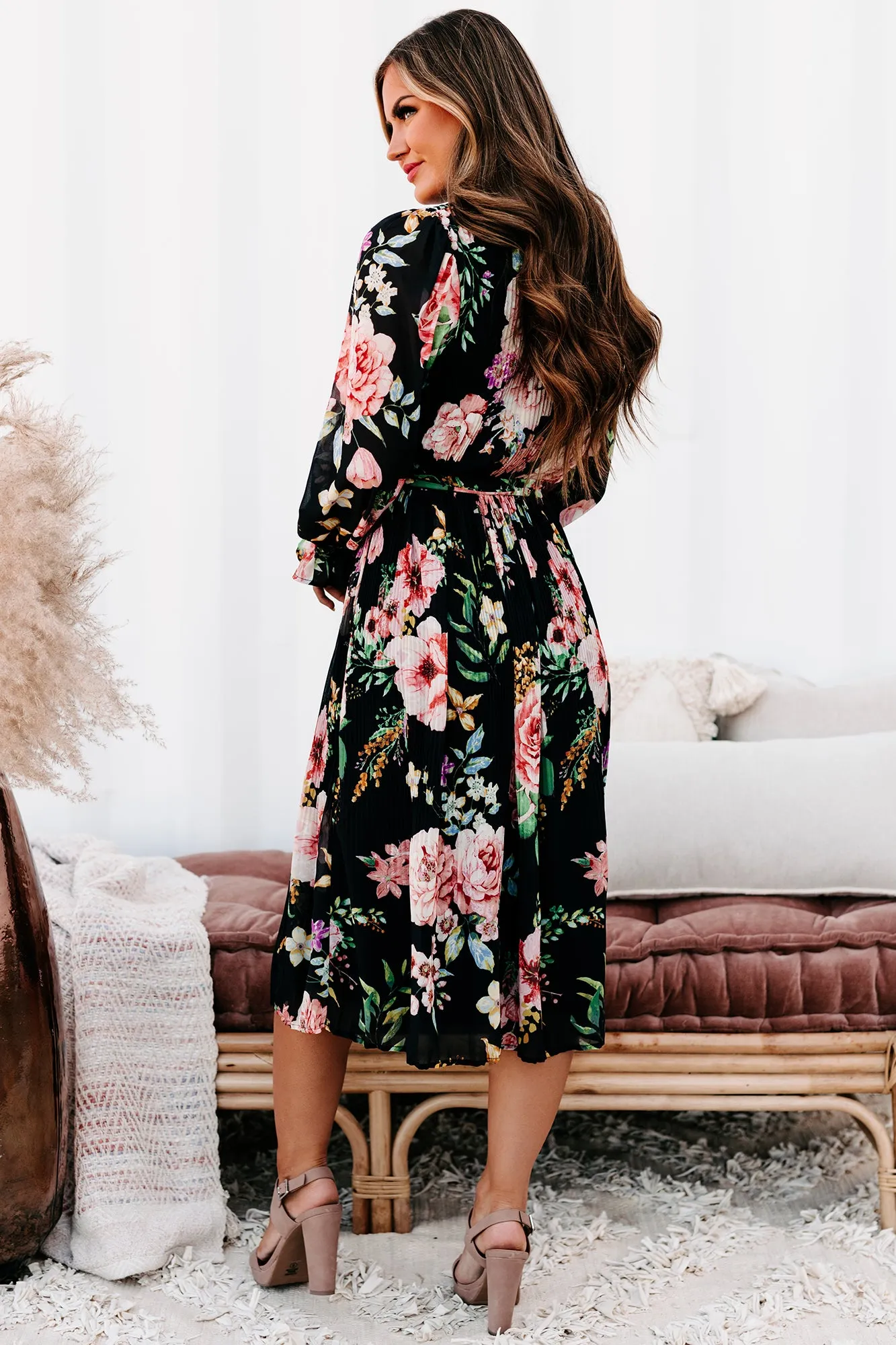 Tea & Crumpets Pleated Floral Midi Dress (Black)