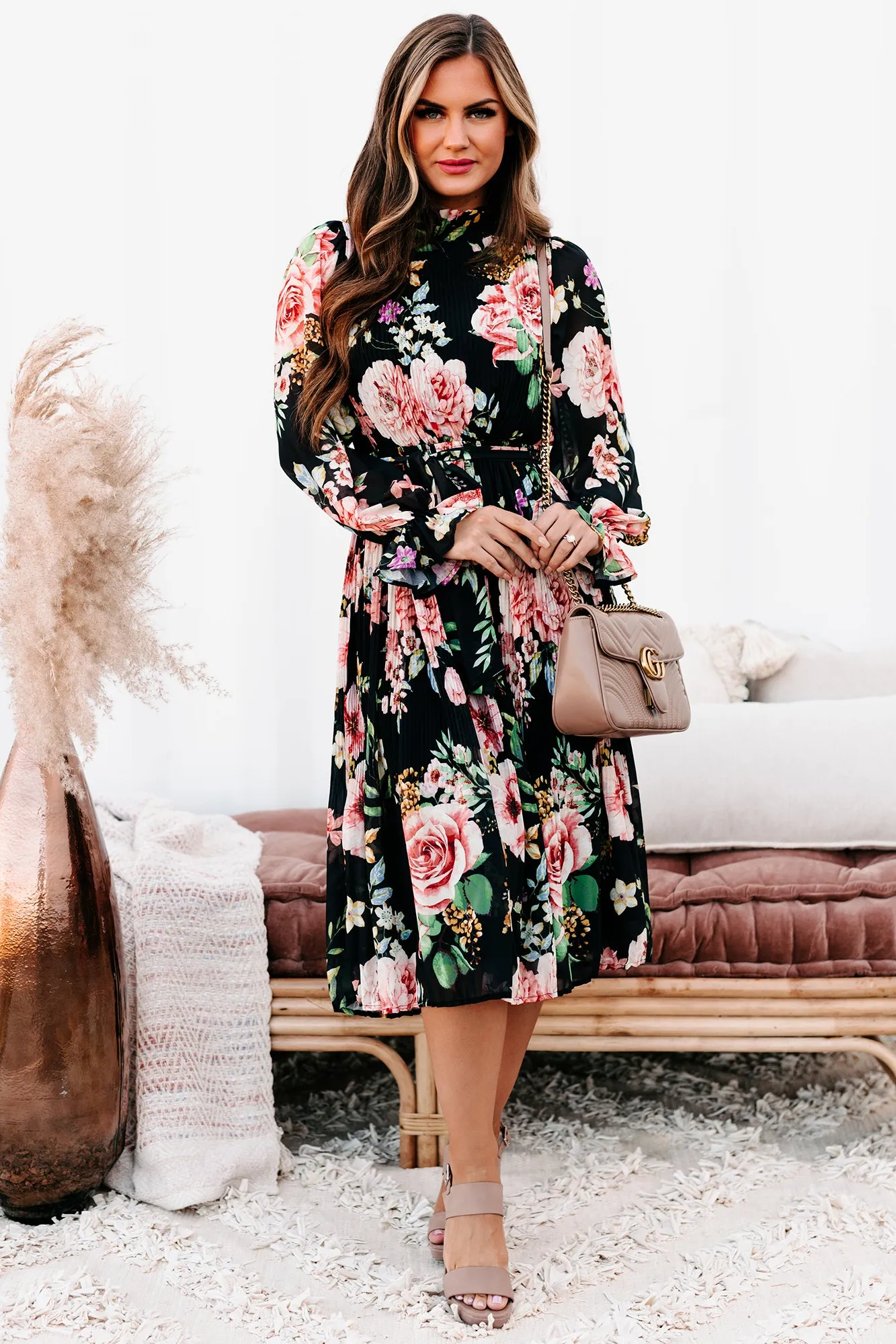 Tea & Crumpets Pleated Floral Midi Dress (Black)