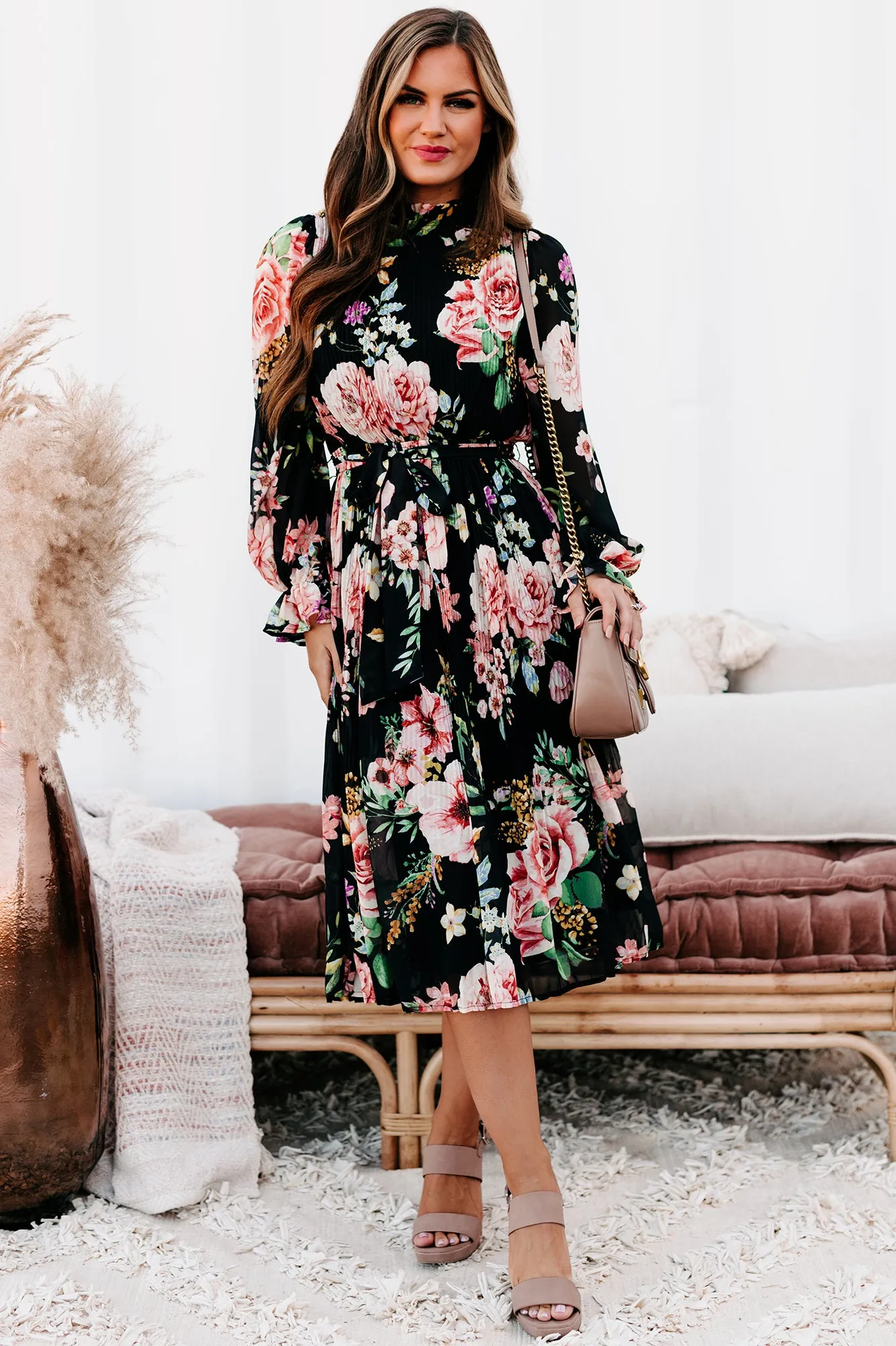 Tea & Crumpets Pleated Floral Midi Dress (Black)