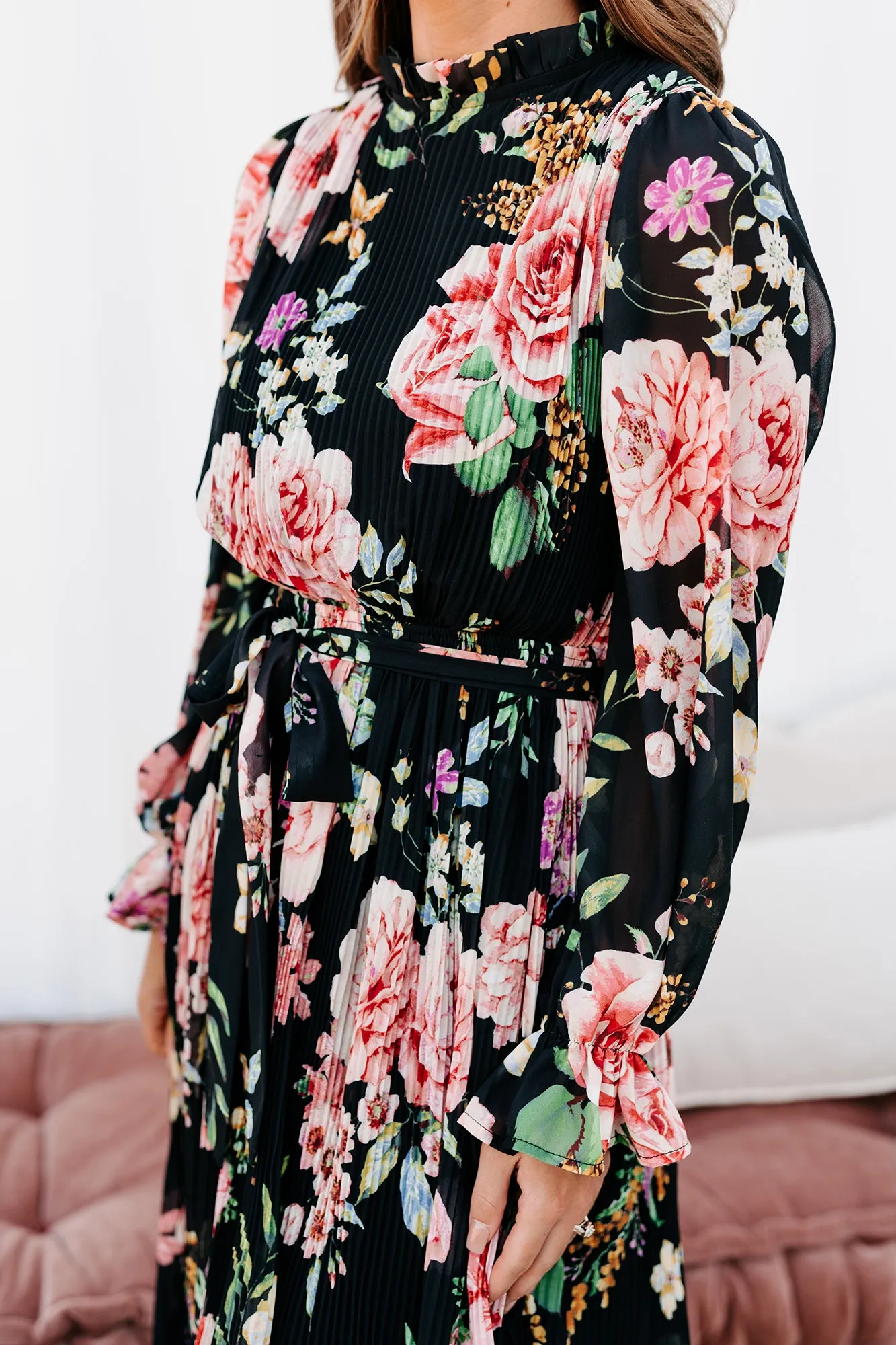 Tea & Crumpets Pleated Floral Midi Dress (Black)