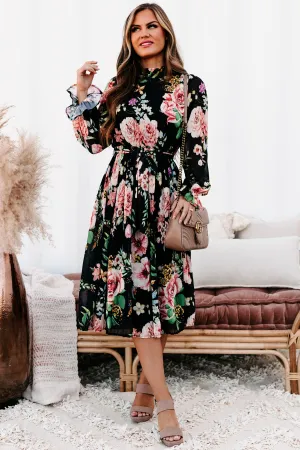 Tea & Crumpets Pleated Floral Midi Dress (Black)