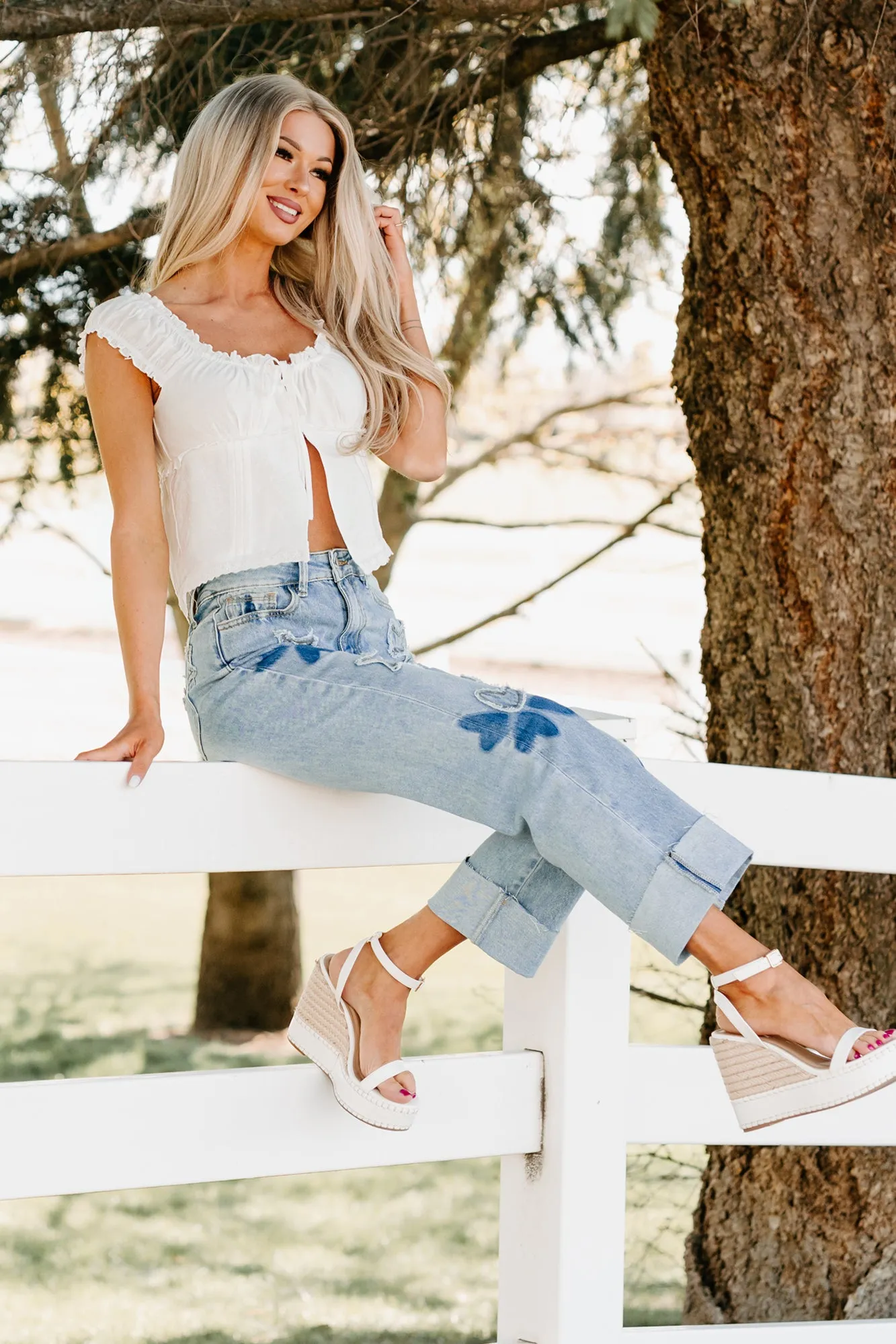 Timeless Tones Open Tie Ruffle Top (White)