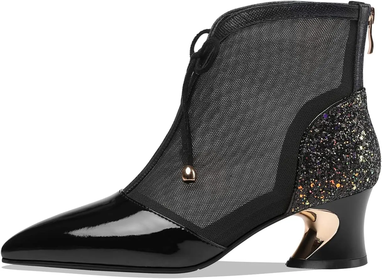 TinaCus Women's Handmade Glossy Patent Leather and Mesh Spool Heel Back Zip Pointy Toe Summer Ankle Boots with Bowtie