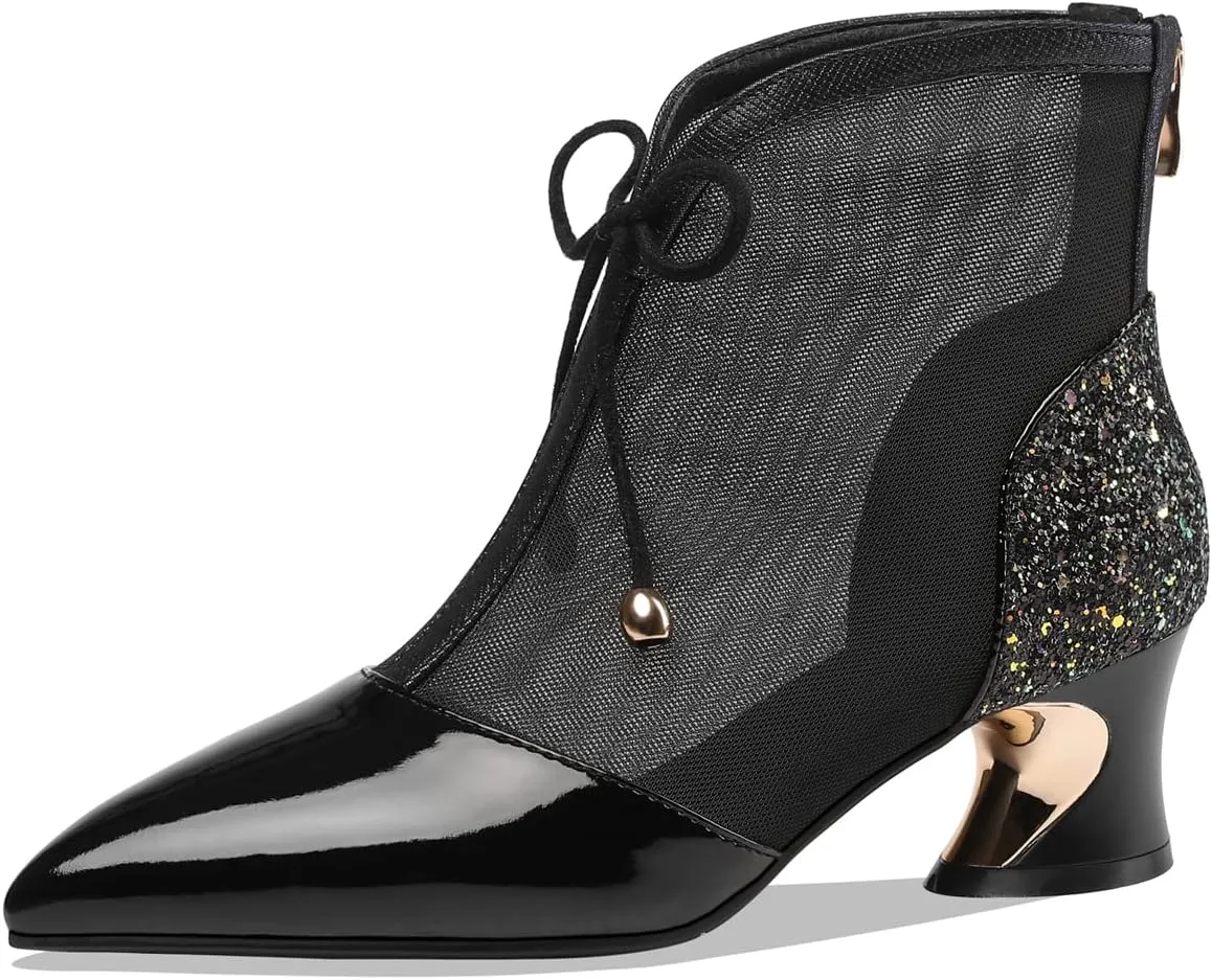TinaCus Women's Handmade Glossy Patent Leather and Mesh Spool Heel Back Zip Pointy Toe Summer Ankle Boots with Bowtie