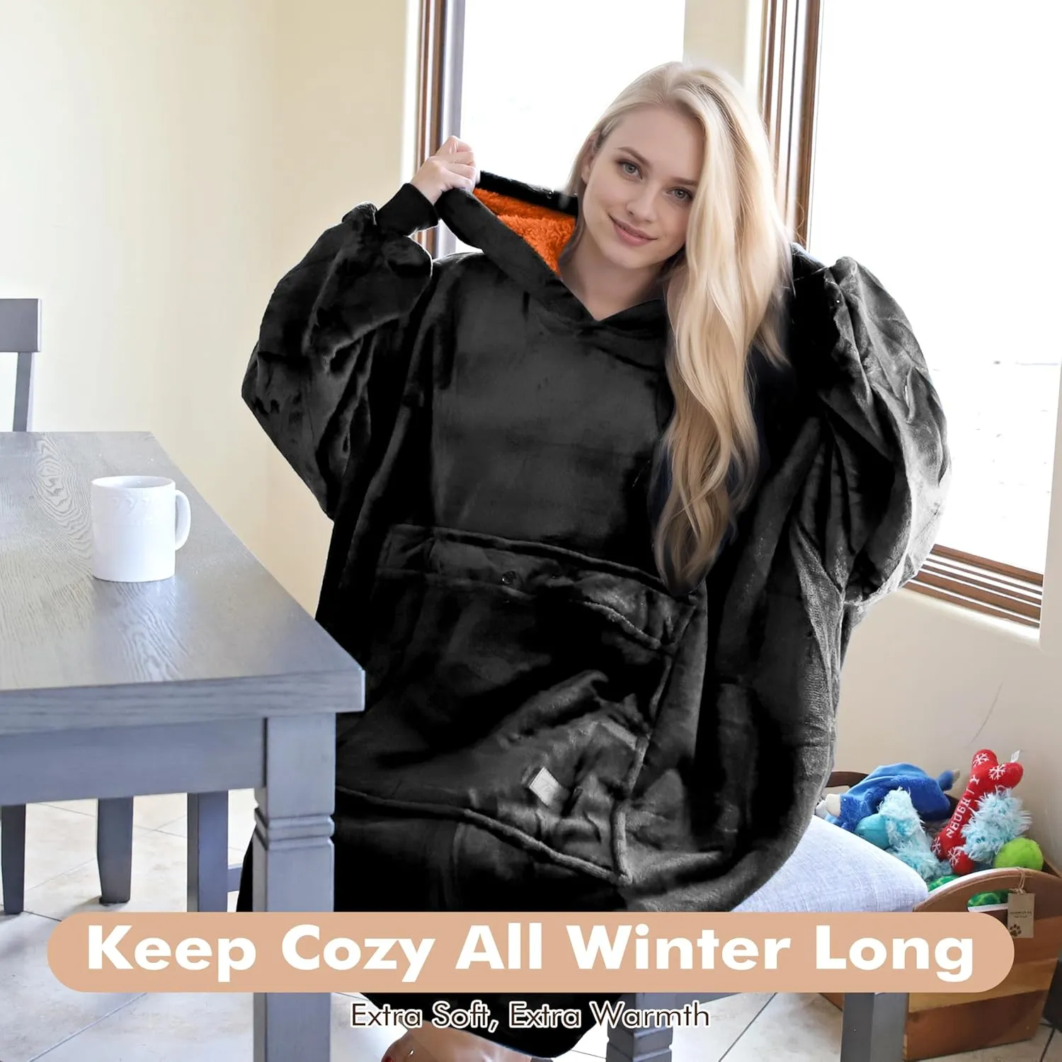 Tirrinia Oversized Wearable Blanket Sweatshirt Comfortable Sherpa Giant Hoodie Black