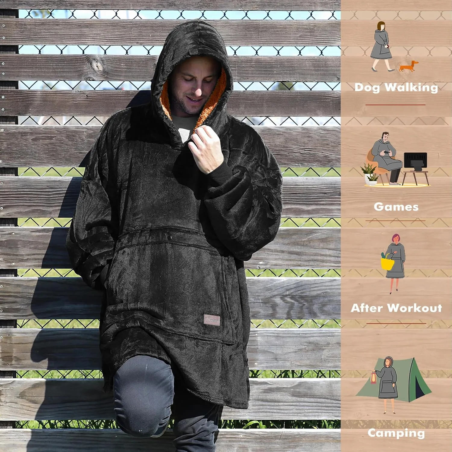Tirrinia Oversized Wearable Blanket Sweatshirt Comfortable Sherpa Giant Hoodie Black
