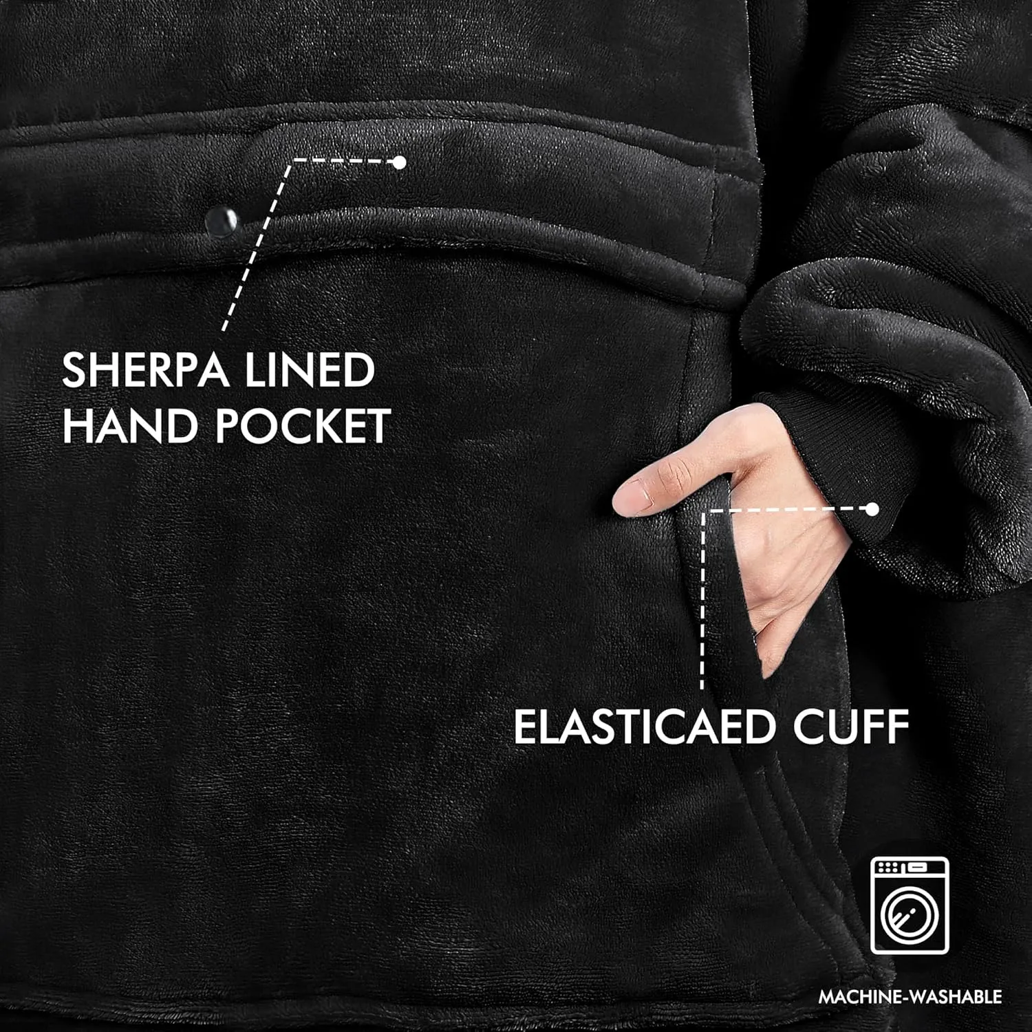 Tirrinia Oversized Wearable Blanket Sweatshirt Comfortable Sherpa Giant Hoodie Black
