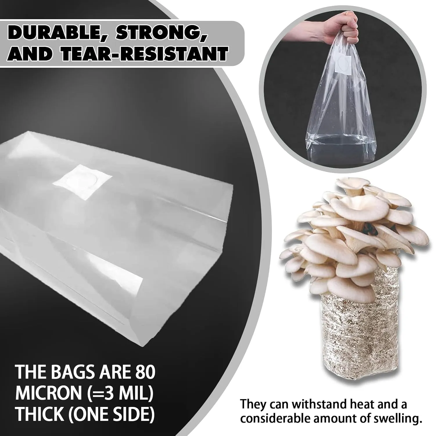 TonGass 100-Pack Autoclavable Mushroom Growing Bag Bulk with Microporous Filter Patchs - Large 8"x5"x20" Extra Thick 80 Micron (=3 Mil)| Mushroom Cultivation Spawn Supply Myco Bag Bulk Substrate Bags