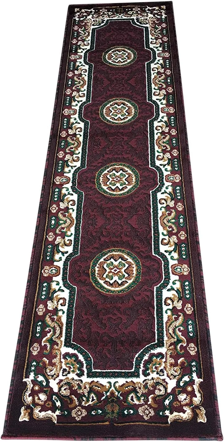 Traditional Runner Persian Area Rug Burgundy & Green Design D123 (2 Feet X 7 Feet)