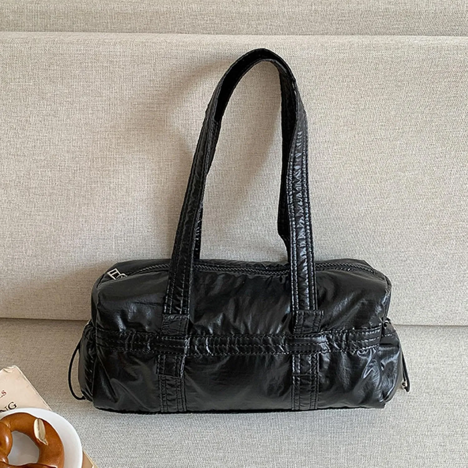 Trendy Women Shoulder Bag Top Handle Handbag Commuting Bag Large Capacity Underarm Bag PU Leather Armpit Bag