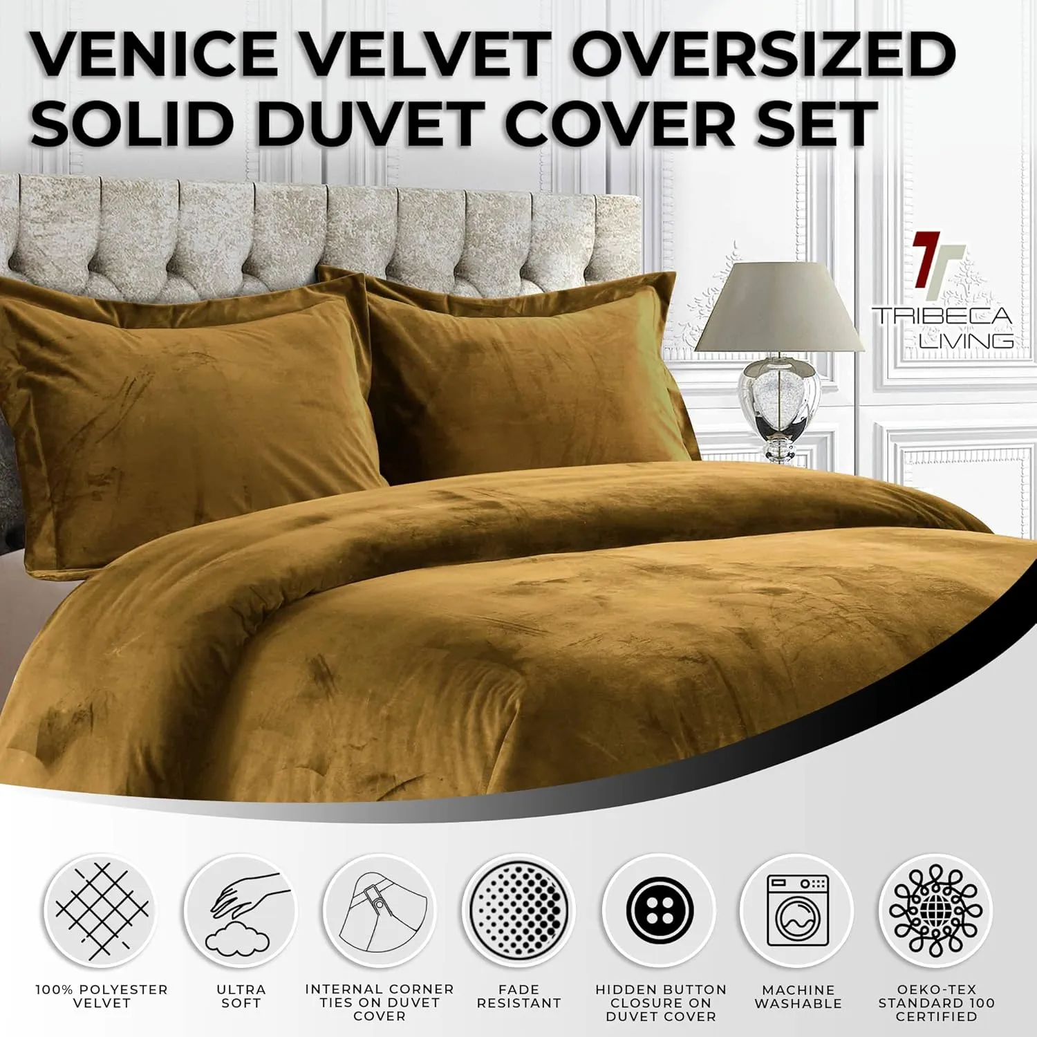 Tribeca Living Venice Velvet Oversized Solid Duvet Set, King, Camel, VENICEDUVEKICAM