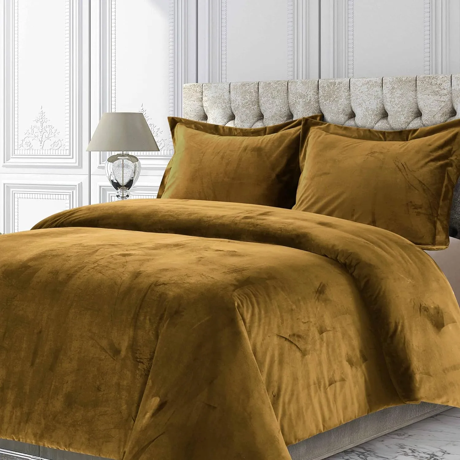 Tribeca Living Venice Velvet Oversized Solid Duvet Set, King, Camel, VENICEDUVEKICAM