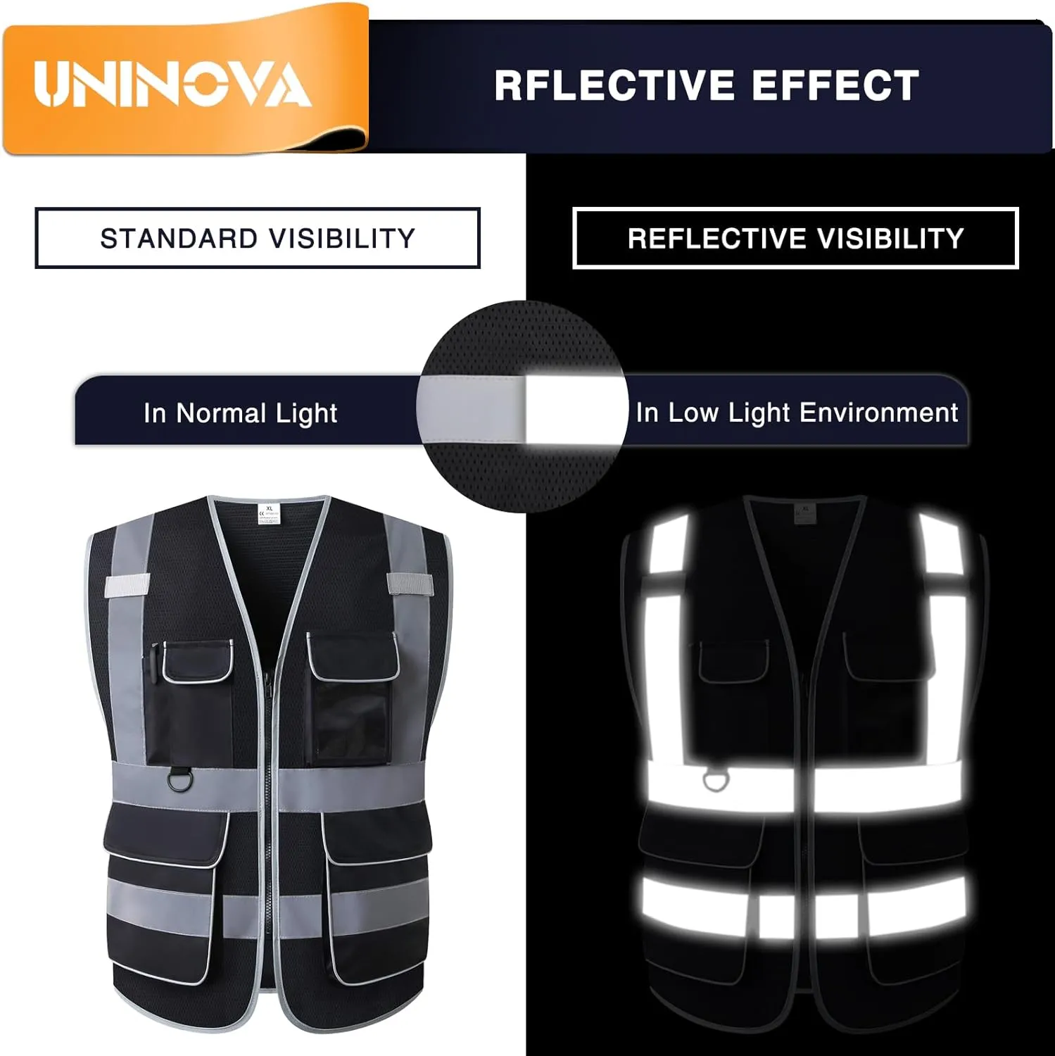 UNINOVA High Visibility Safety Vest - Multi Pockets Reflective Mesh Breathable Workwear, ANSI/ISEA Standards (Medium, Black Mesh)