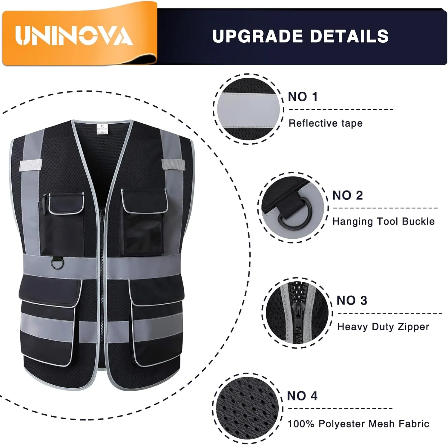 UNINOVA High Visibility Safety Vest - Multi Pockets Reflective Mesh Breathable Workwear, ANSI/ISEA Standards (Medium, Black Mesh)