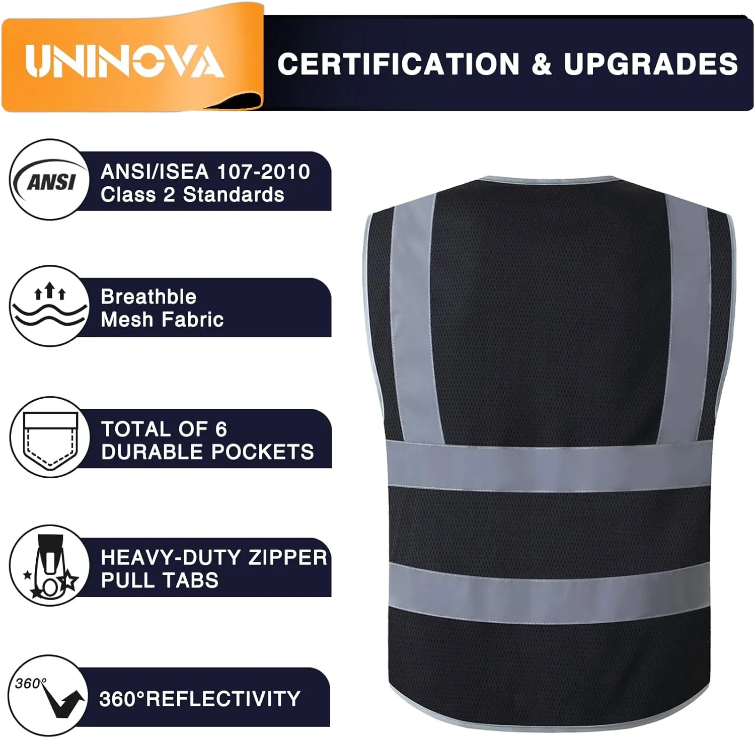 UNINOVA High Visibility Safety Vest - Multi Pockets Reflective Mesh Breathable Workwear, ANSI/ISEA Standards (Medium, Black Mesh)