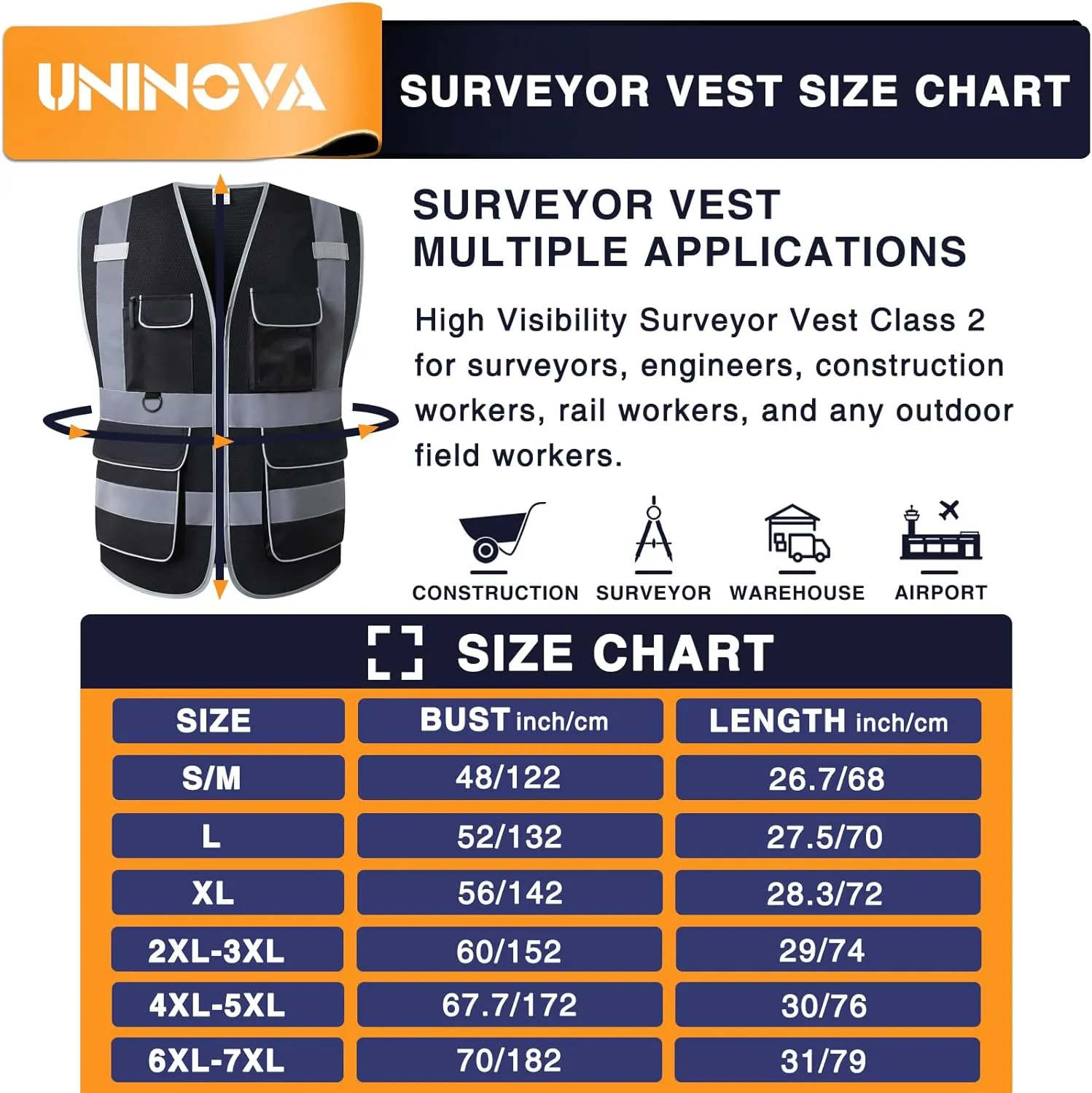 UNINOVA High Visibility Safety Vest - Multi Pockets Reflective Mesh Breathable Workwear, ANSI/ISEA Standards (Medium, Black Mesh)