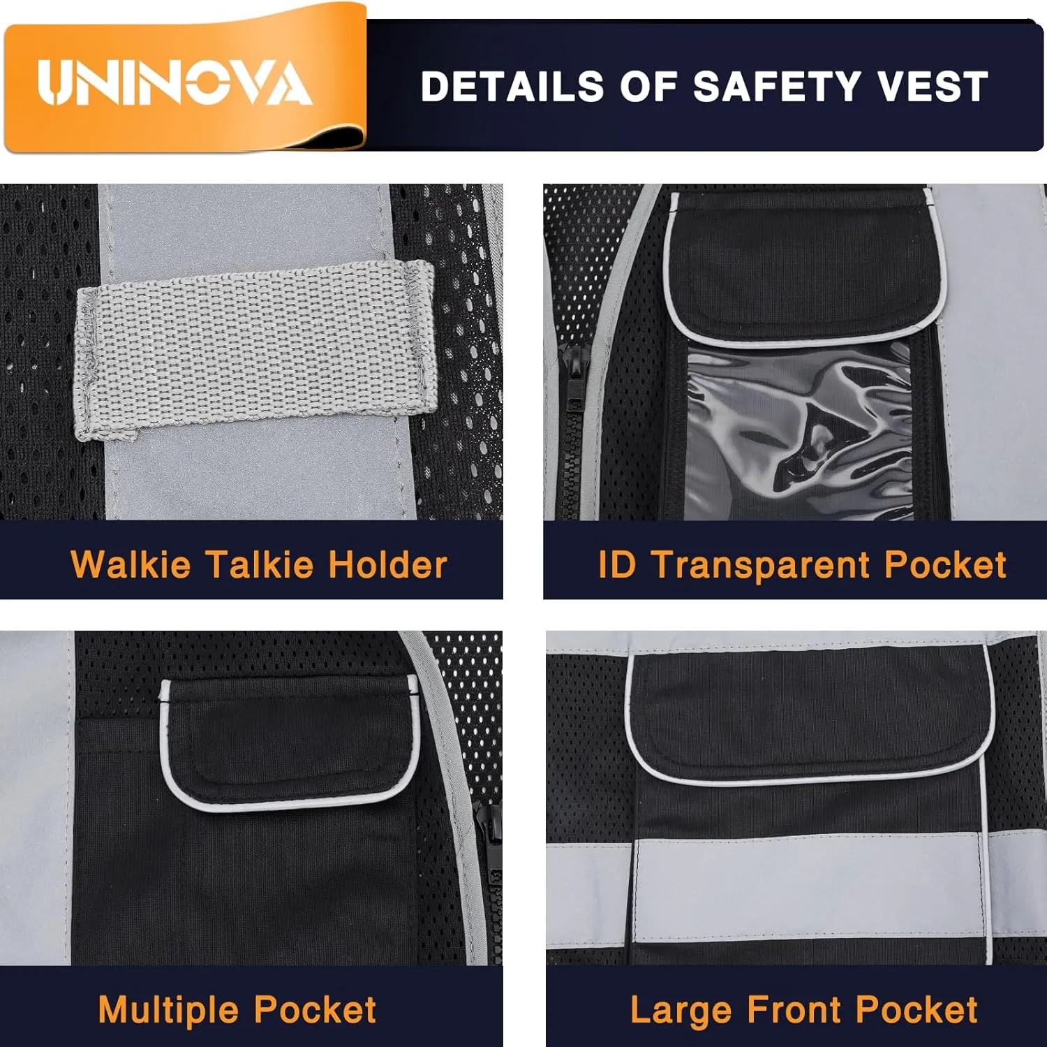 UNINOVA High Visibility Safety Vest - Multi Pockets Reflective Mesh Breathable Workwear, ANSI/ISEA Standards (Medium, Black Mesh)