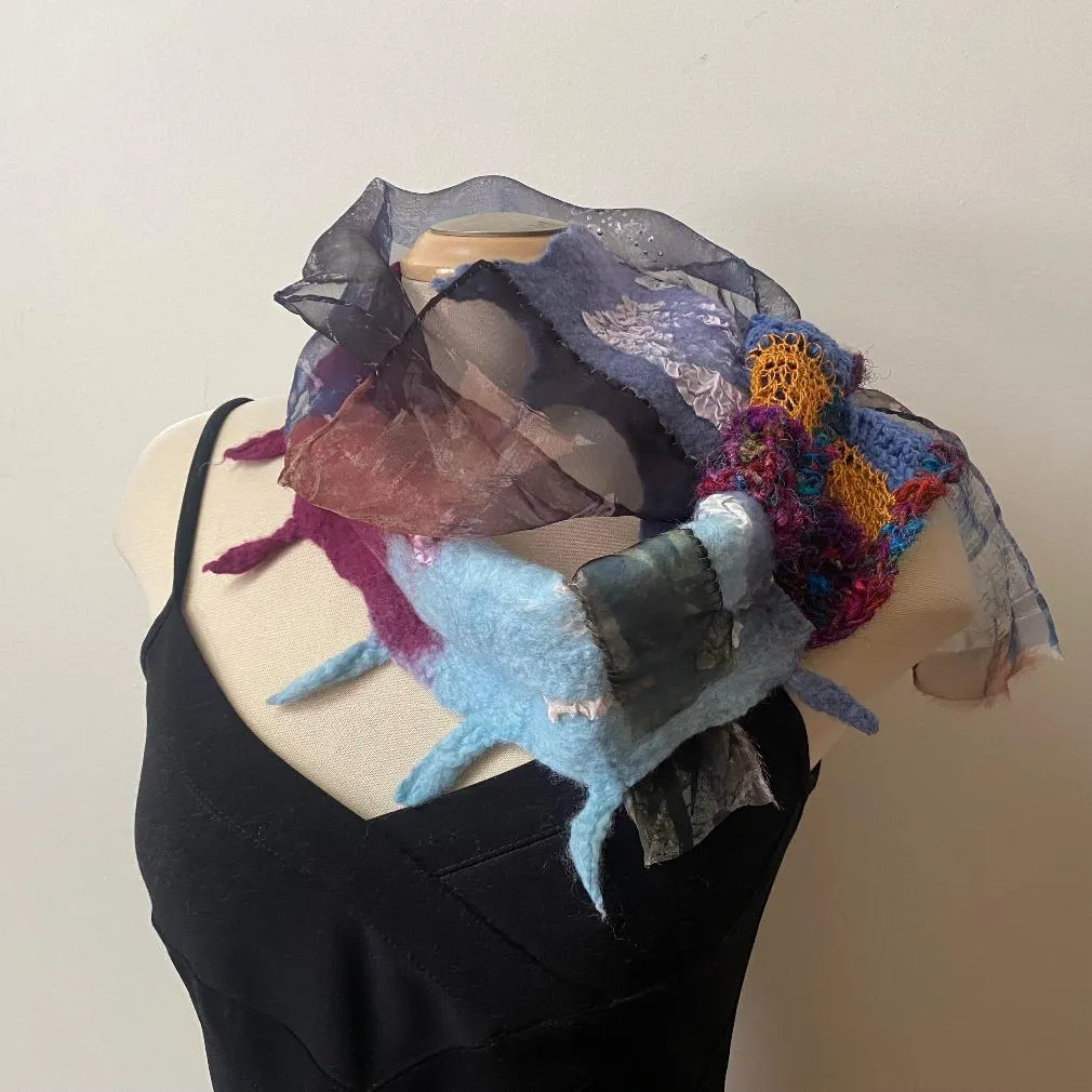 Unique art scarf made from handpainted silk, hand felted wool and finished with the free art crochet.