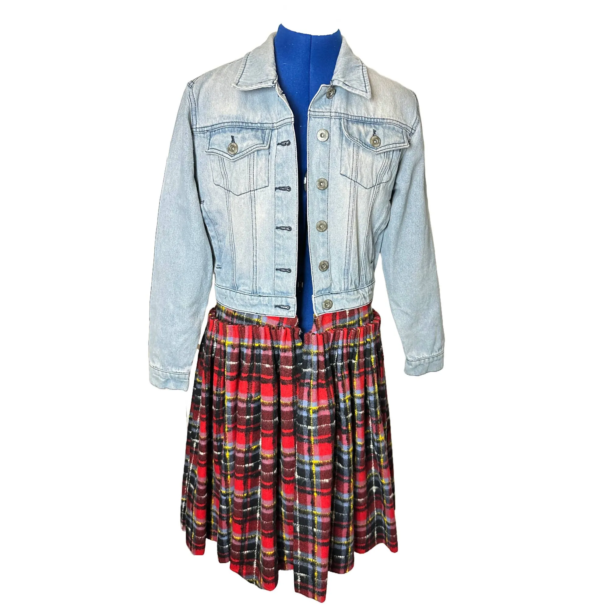 Upcycled Denim Jean Jacket with Wool Plaid