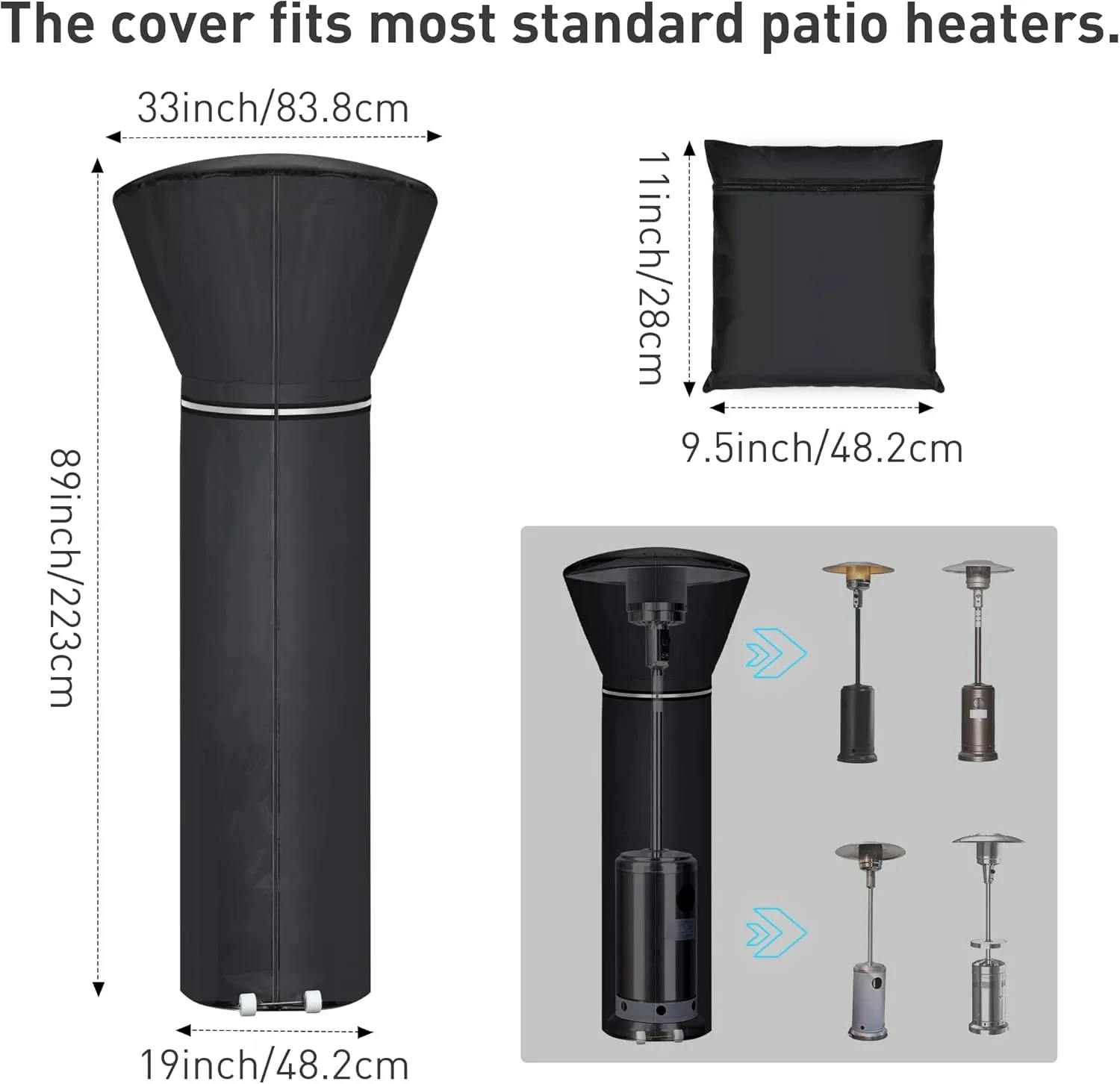 Upgraded Patio Heater Covers Waterproof, Outdoor Heater Cover with Reflective Ribbon, Zipper and Storage Bag, Waterproof, Dustproof, Wind-Resistant, UV-Resistant, Snow-Resistant, 89.5"Hx33.5"Dx19.5"B