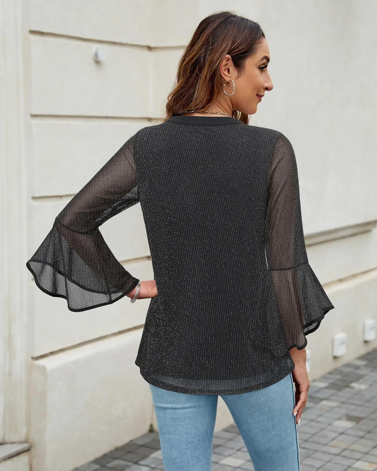 VALOLIA Women's 3/4 Sleeve Dressy Blouses Shirts Casual Loose Fit Mesh Layered Flowy Tunic Tops