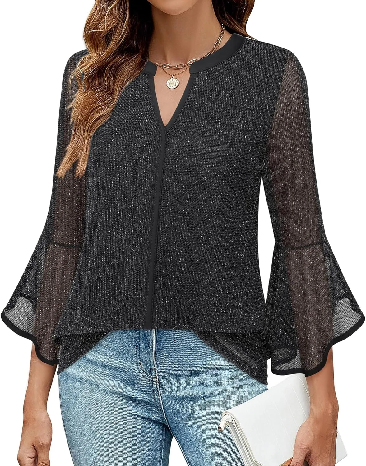 VALOLIA Women's 3/4 Sleeve Dressy Blouses Shirts Casual Loose Fit Mesh Layered Flowy Tunic Tops