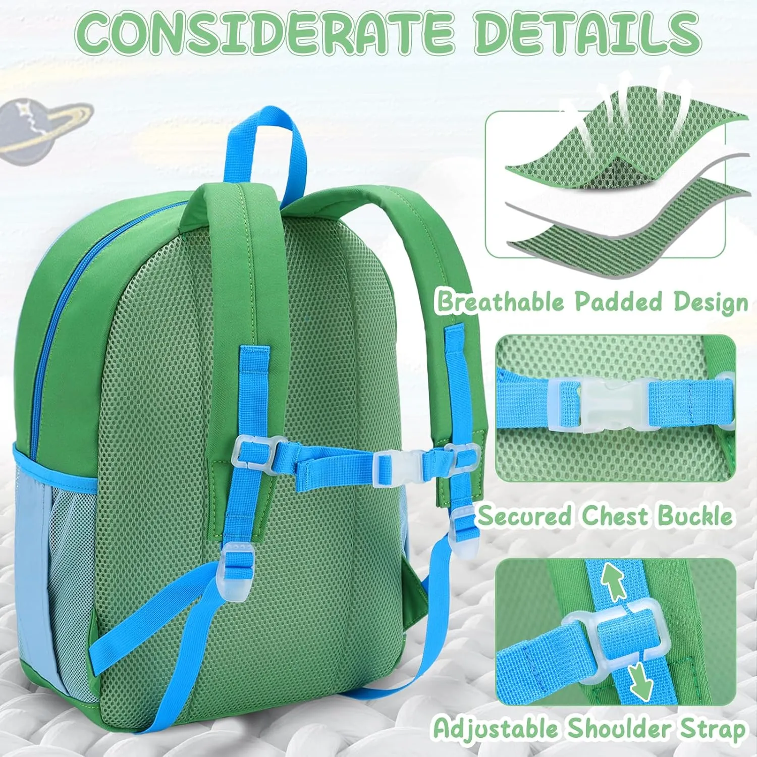 VASCHY Toddler Boys Backpack, Kids' Small Lightweight Quilted Color-blocked Bookbag School Backpack for Daycare Children Green Blue