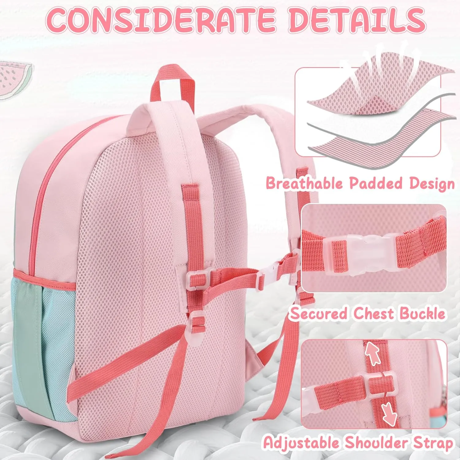 VASCHY Toddler Girls Backpack, Kids' Small Lightweight Quilted Color-blocked Bookbag School Backpack for Kindergarten Children Light Pink Green