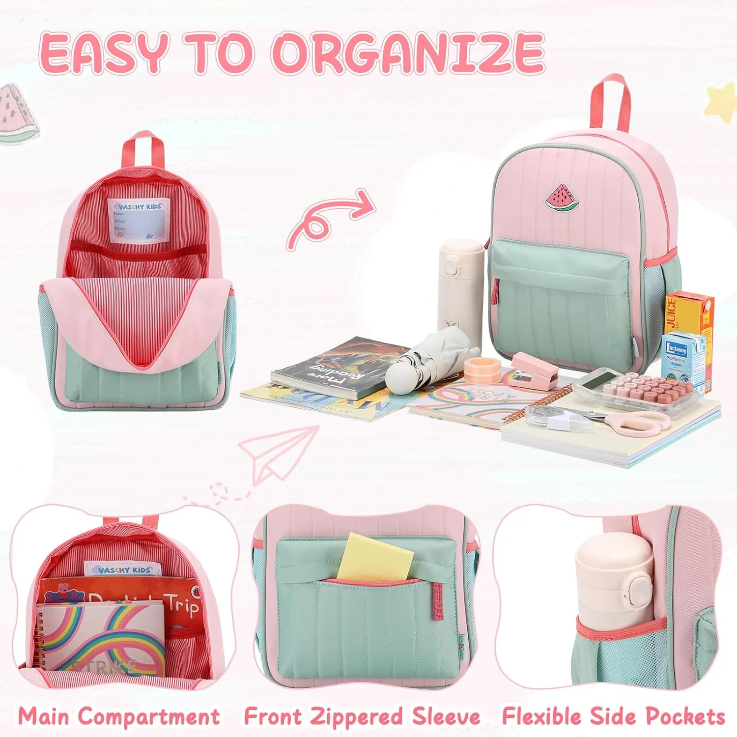 VASCHY Toddler Girls Backpack, Kids' Small Lightweight Quilted Color-blocked Bookbag School Backpack for Kindergarten Children Light Pink Green